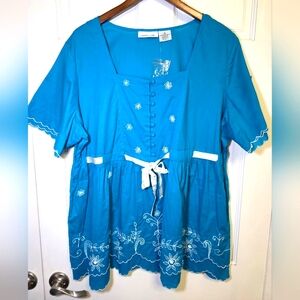Chelsea Studio Embroidered Top Shirt Blouse- Sz 1X Capri Blue & White NWOT